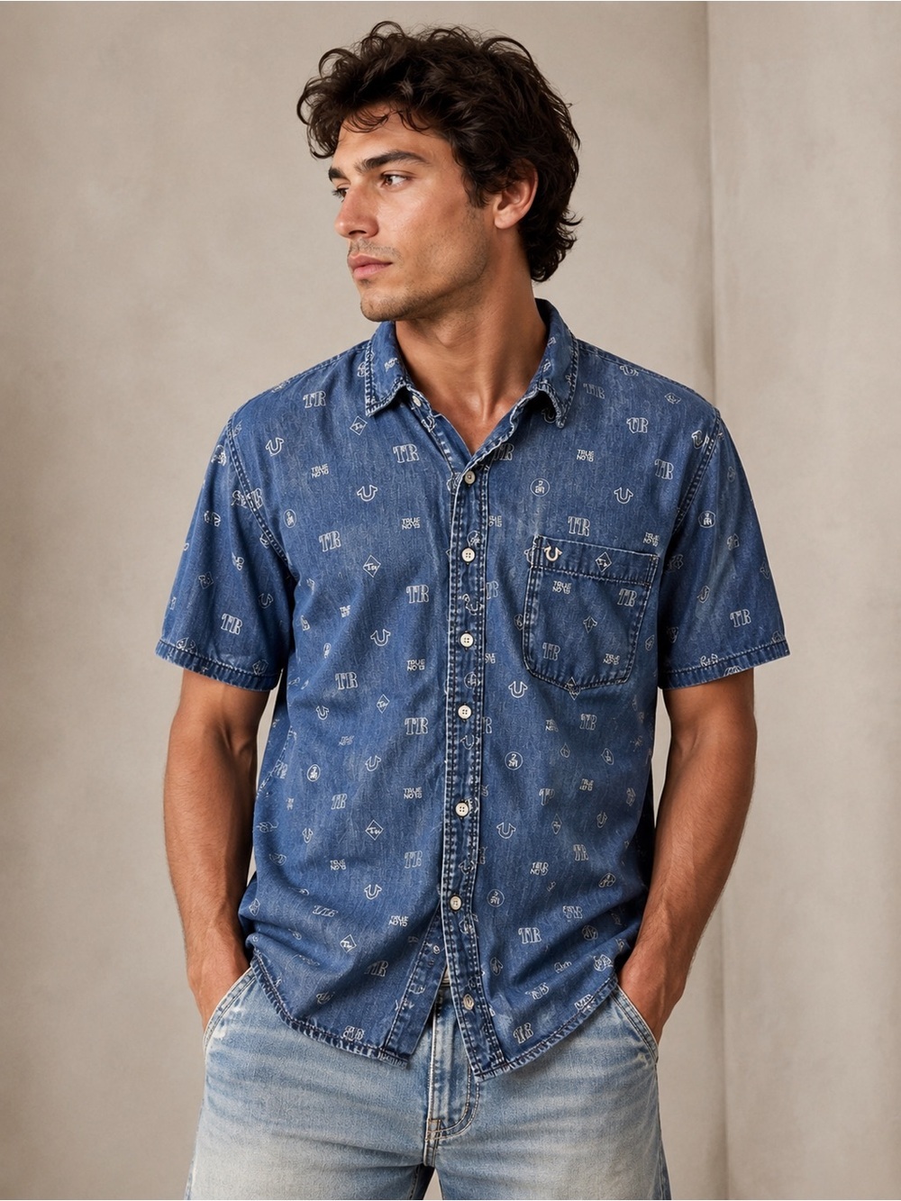 True Religion Blue Printed Short-Sleeve Denim Shirt